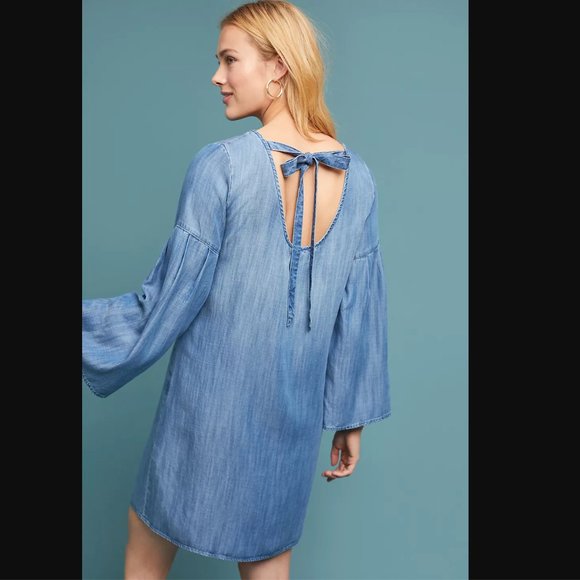 Anthropologie Cloth & Stone Bell Sleeve Tunic Dress Chambray Denim Blue 8 M Mini - Picture 4 of 6